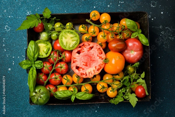 Obraz Fresh colored organic tomatoes. A set of tomatoes on a tray. Top view.