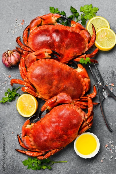 Fototapeta Seafood. Steaming boiled crab. On a stone background. Top view. Close-up.