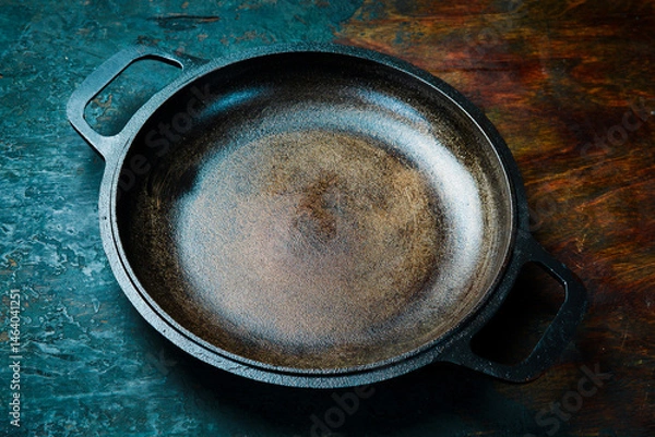 Obraz Vintage cast iron cooking pan. On a rustic background.