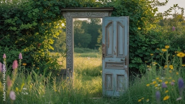 Fototapeta Surreal Open Door Standing Alone in Vibrant Green Landscape with Bright Natural Light and Blue Sky, Conceptual Image Representing Opportunity, Hope, and New Beginnings in Nature