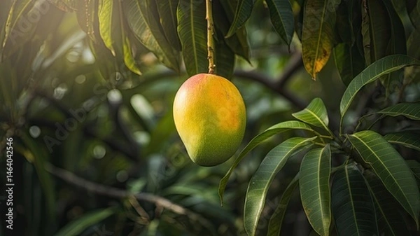 Fototapeta Ripe Mango Fruit Hanging from a Tree Branch with Green Leaves in Natural Sunlight, Close-Up View of Tropical Orchard in Summer Season Capturing Freshness, Growth, and Organic Farming