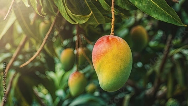 Fototapeta Ripe Mango Fruit Hanging from a Tree Branch with Green Leaves in Natural Sunlight, Close-Up View of Tropical Orchard in Summer Season Capturing Freshness, Growth, and Organic Farming