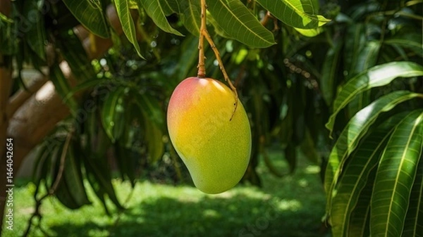 Fototapeta Ripe Mango Fruit Hanging from a Tree Branch with Green Leaves in Natural Sunlight, Close-Up View of Tropical Orchard in Summer Season Capturing Freshness, Growth, and Organic Farming