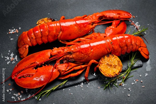 Obraz Steamed red lobsters with lemon, ready to eat. Side view. Close-up.