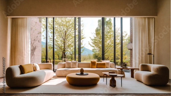 Fototapeta Grand salon avec canapés et table basse, avec grande fenêtre et vue sur le jardin