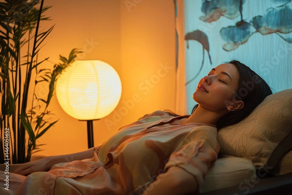 Obraz The room has a gentle glow from a nearby lamp, and the air is still. A woman is reclining on the sofa, eyes closed