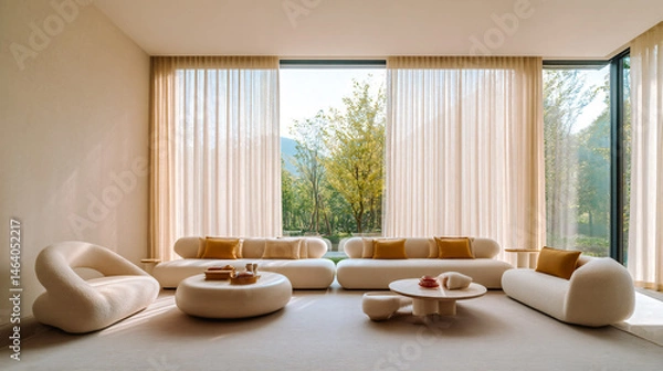 Fototapeta Grand salon avec canapés et table basse, avec grande fenêtre et vue sur le jardin