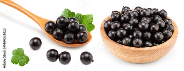 Fototapeta black currant in wooden bowl isolated on white background. macro. clipping path