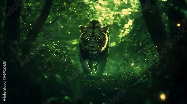 Obraz Majestic Lion Walking Through a Dark Green Forest at Night