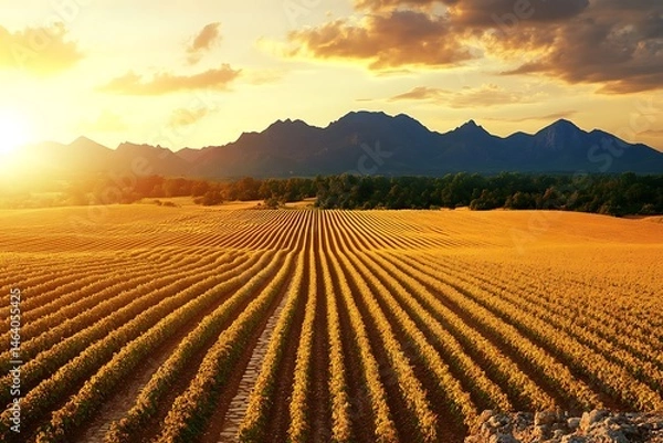 Fototapeta Golden Sunset over Rolling Hills and Agricultural Fields Rows of Crops at Harvest Time