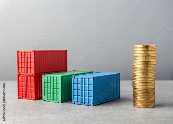 Fototapeta Sea trade containers and a stack of coins. World trade. Prices, tariffs and taxes. Transportation costs. Logistics and transportation of commercial cargo.