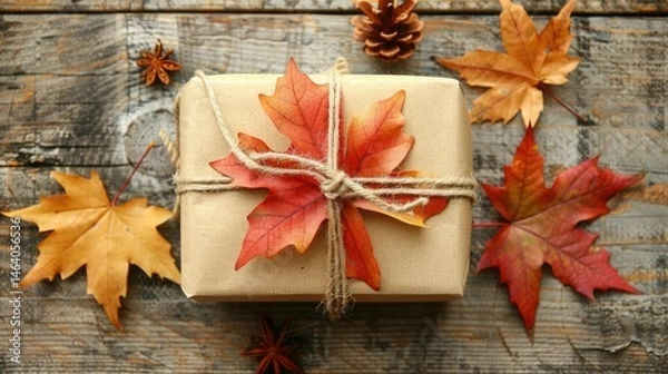 Fototapeta Gift wrapped in brown kraft paper with a twine bow, placed on a wooden surface surrounded by colorful autumn leaves, creating a cozy fall atmosphere. Top view