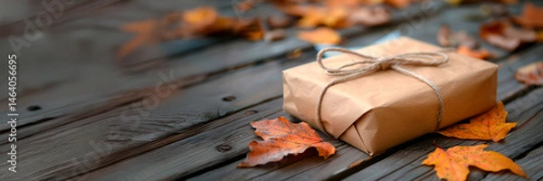 Fototapeta Banner with a gift wrapped in brown kraft paper and tied with a bow placed on a wooden surface surrounded by colorful autumn leaves. Autumn background with copy space for text, advertising and message