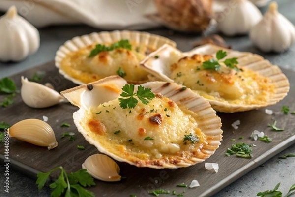 Fototapeta Scallops Saint-Jacques baked under Parmesan cheese with garlic and parsley in shells. High quality photo