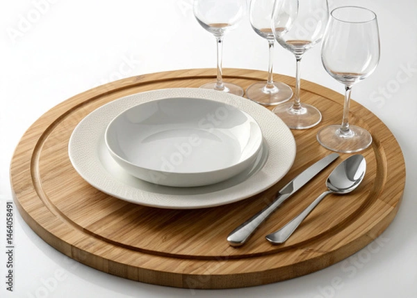 Fototapeta Table Setting with White Plates, Glasses, Forks, Knives, and Spoons on Wooden Placemats for Dining Concept