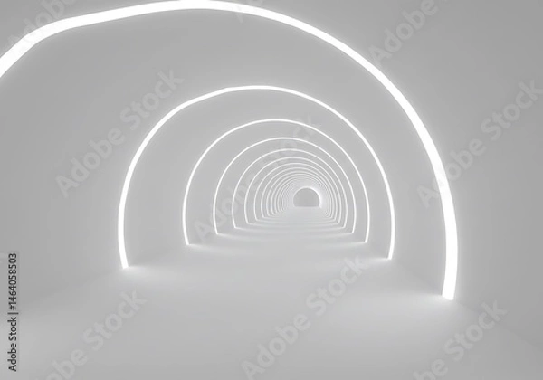 Fototapeta Abstract Archway Tunnel, Glowing Neon Lights, White Interior