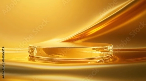 Fototapeta Transparent round object on shimmering golden fabric backdrop