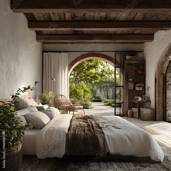 Fototapeta Serene Mediterranean Bedroom with Garden View Rustic Farmhouse Decor Linen Bedding and Archway