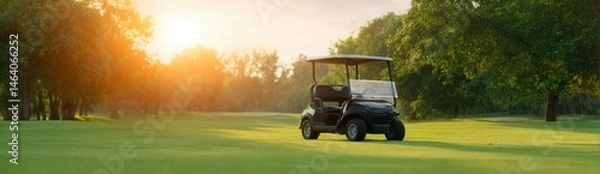 Obraz Peaceful Golf Course at Sunrise with Golf Cart on Green Fairway
