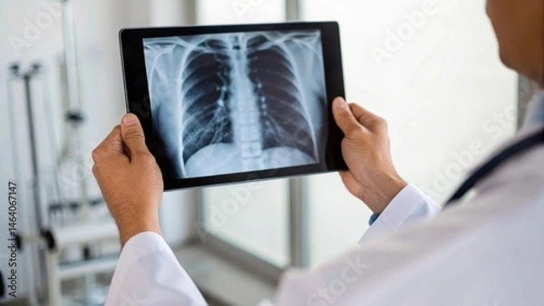 Fototapeta Doctor analyzing chest x ray on digital tablet in modern hospital