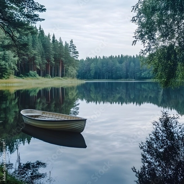 Fototapeta Serene Rowboat on Calm Lake Surrounded by Lush Green Forest Reflection