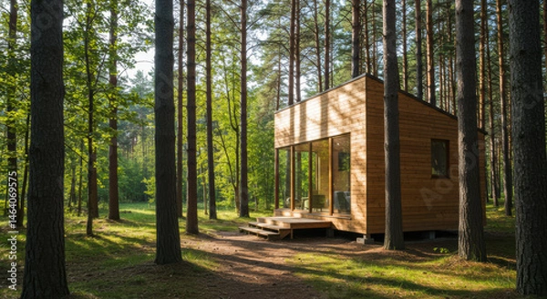 Fototapeta Modern wooden cabin surrounded by pine trees for a serene eco-tourism getaway