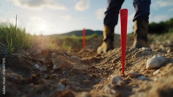 Fototapeta Surveyor's Flags Marking Soil in Outdoor Setting