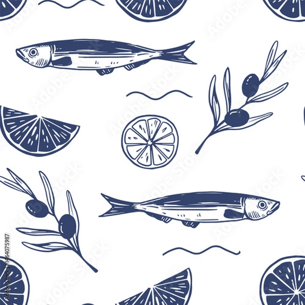 Fototapeta Sardines in a can, fish, seafood, seamless pattern vector illustration set, hand drawn sketch