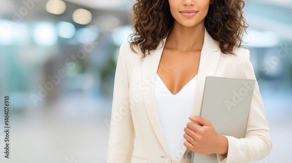 Fototapeta Confident woman in white suit holds folder, a portrait of professionalism and success