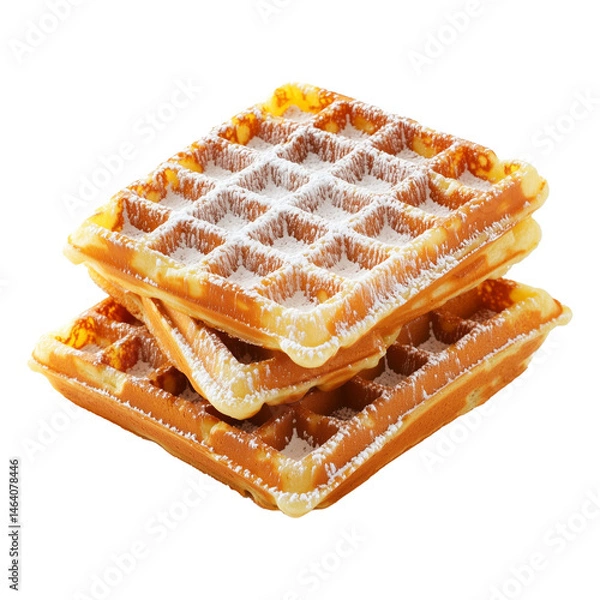 Fototapeta Stack of golden brown waffles sprinkled with powdered sugar, isolated on white transparent background, concept of sweet breakfast treat