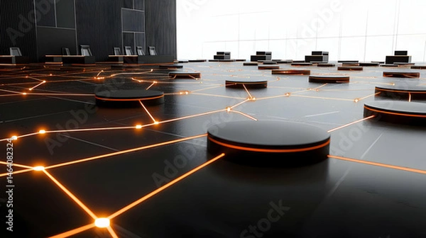 Fototapeta Futuristic Network Platforms With Orange Illumination