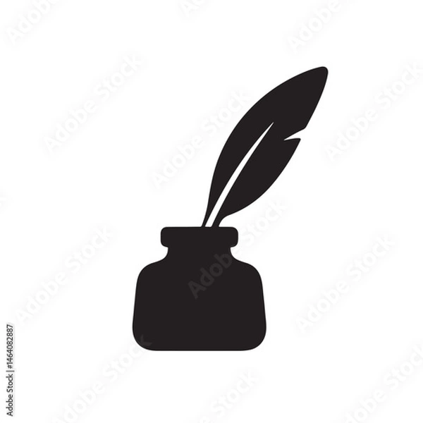 Fototapeta Quill and Ink Bottle Silhouette, Smooth Minimal Outline Writing Icon Vector