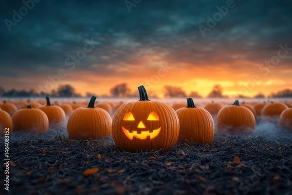 Fototapeta Spooky Halloween Night Fog in a Pumpkin Patch