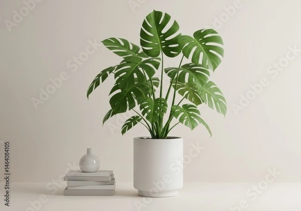 Fototapeta Monstera plant in white pot with books and vase on a neutral background