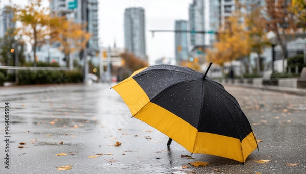Obraz  Umbrella on Wet Pavement in Rainy City with Buildings and Trees