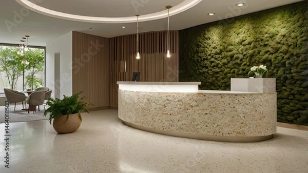 Fototapeta Modern Spa Reception Area with Curved Desk and Green Moss Wall