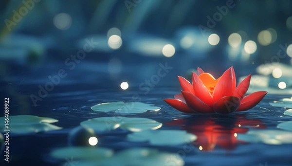 Obraz Beautiful red lotus flower floating on water with lily pads