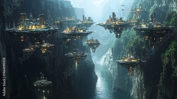 Fototapeta Glowing city built floating platforms hovering in a massive canyon cinematic high tech floating civilization