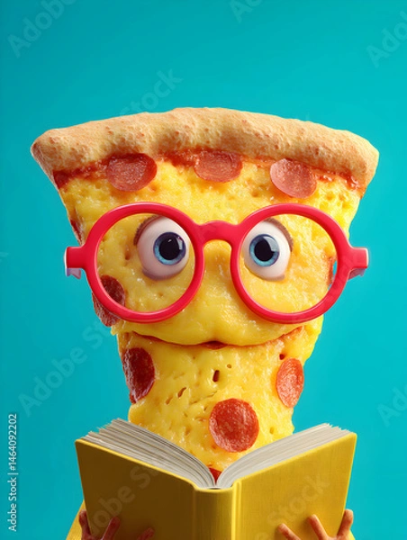 Fototapeta Pizza character with glasses reading a book against a bright turquoise background while promoting themes of knowledge and humor in culinary art