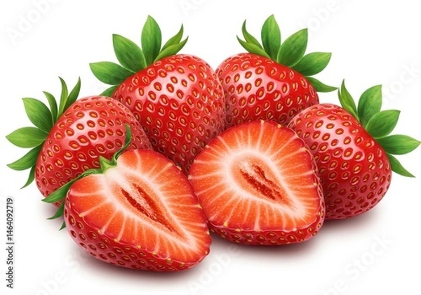 Fototapeta Fresh strawberries arranged on a white surface, with one strawberry cut in half to reveal the inside of the fruit