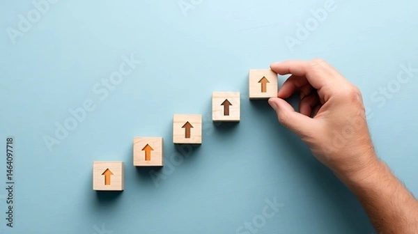 Fototapeta Wooden Blocks Showing Upward Arrows Illustrate Progress Growth and Success in Business