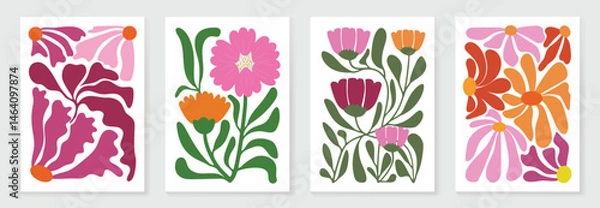 Obraz Botanical doodle background art vector set. Flower and leaves abstract shape doodle art design for print, wallpaper, clipart, wall art for home decoration.