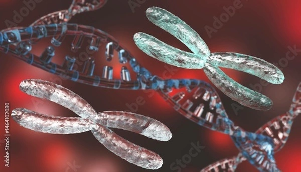 Fototapeta X chromosome against the background of DNA. Chromosomes and DNA.
3D rendering