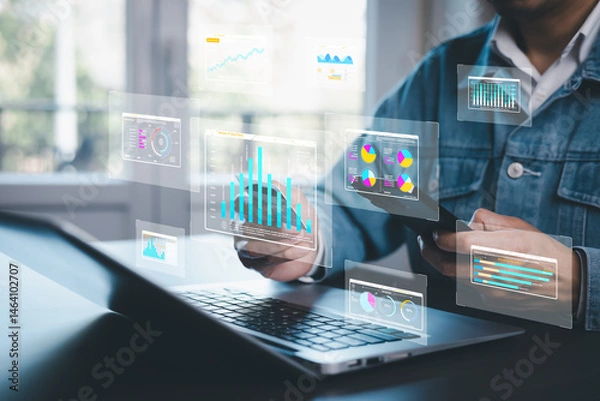 Obraz Working Data Analytics and Data Management Systems and Metrics connected to corporate strategy database for Finance, Intelligence,  Business Analytics with Key Performance Indicators, social network