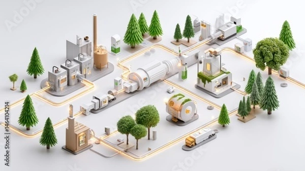Fototapeta High tech isometric schematic of a simplified industrial plant