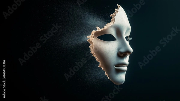 Obraz Fragmented white mask disintegrating, exposing concealed inner essence against shadowy backdrop, symbolizing psychological transformation and masked vulnerability