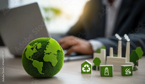 Obraz Over the Shoulder View of Businessman with Green Earth, Factory and Recycle Icons, World environment day, Responsibility for a green planet, Sustainable growth