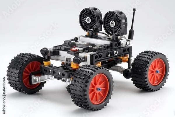 Obraz Robotics car with remote control, fan robots, children learning robotics, school project, model kits, modern educational gadgets.