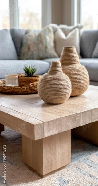 Obraz Close Up of Natural Wood Coffee Table with Rope Vases and Basket