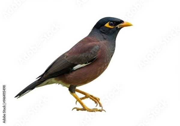 Fototapeta Isolated common myna bird perched and standing on white background in a studio shot